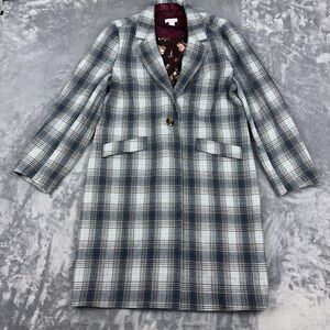 Sundance Annie Fall Plaid Long Jacket Womens Size L Blue Gray Wool Blend Coat